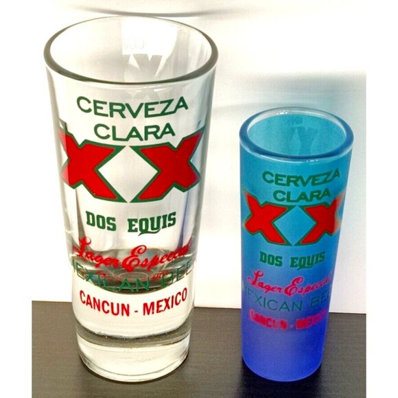 Dos Equis Shot Glass Set of 2 Cancun Mexico Cerveza Clara XX Rare Collectibe Bar - Picture 1 of 6